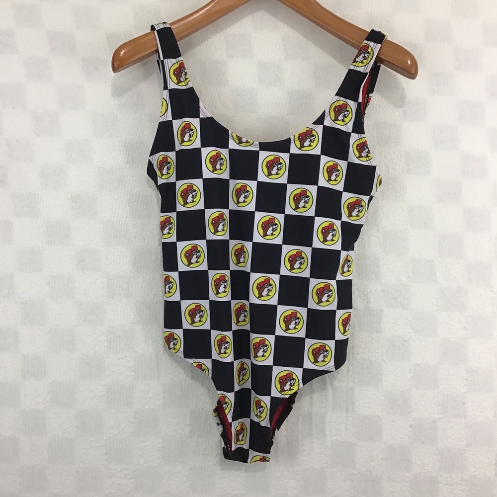 Buc-ees Women Small Black White Checkered Logo One Piece Swimsuit Scoop Back